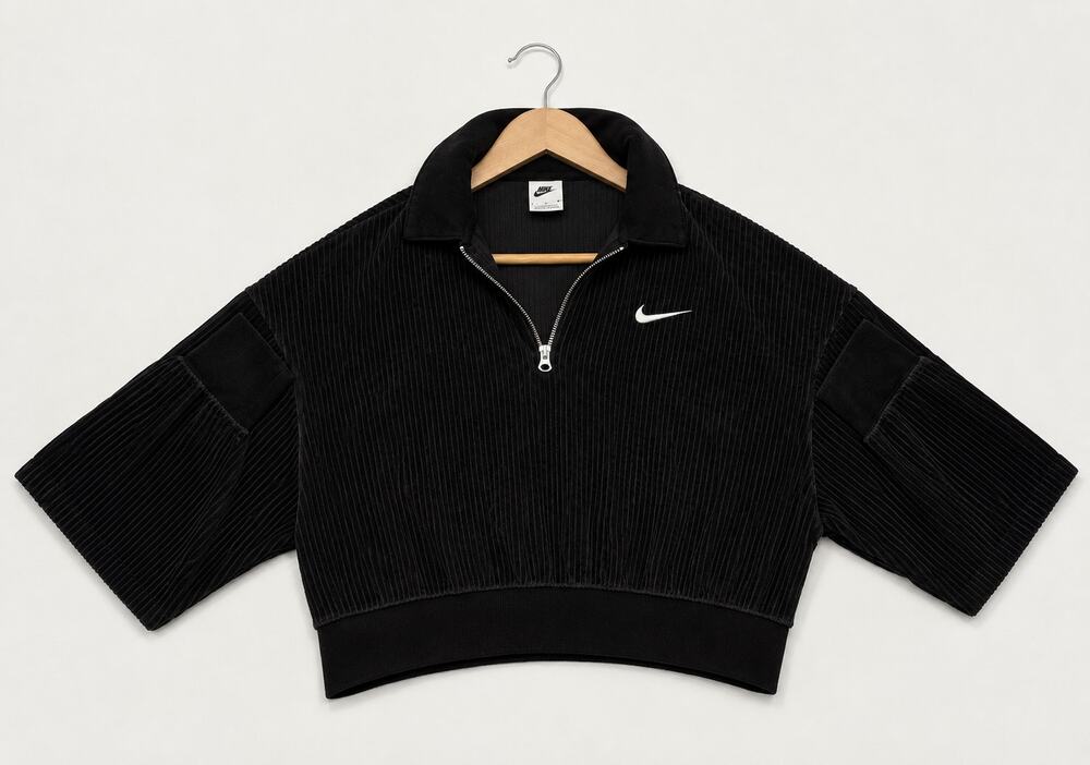 Nike Black Corduroy Half-Zip Cropped Top / Short Sleeve Pullover
